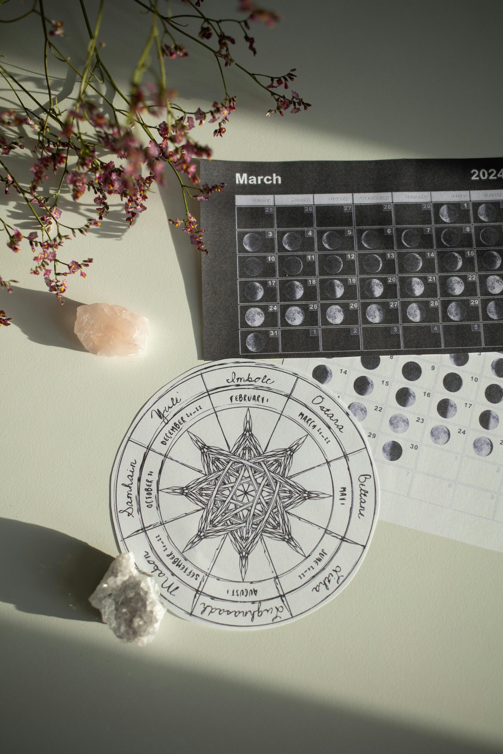 Astrology chart with crystals and calendar for zodiac and horoscope planning - Ruhani Astro