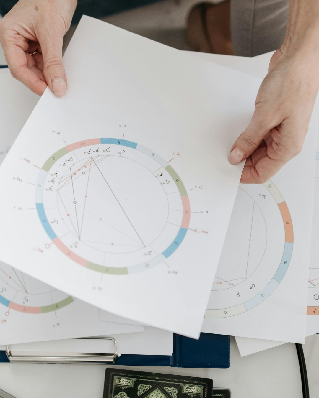 Person holding printed astrology charts with circular zodiac diagrams - Ruhani Astro
